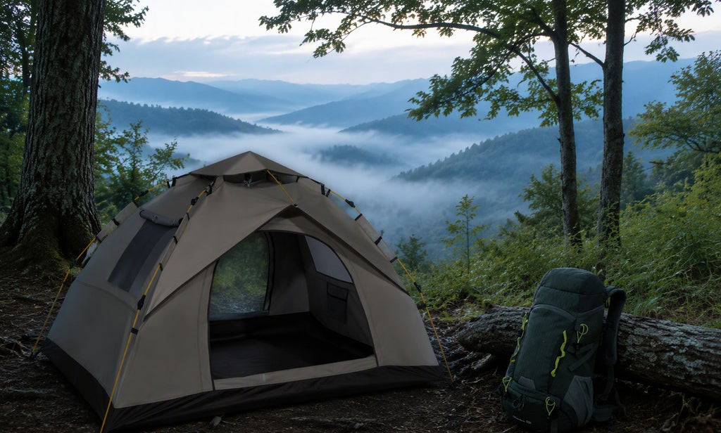 Finvizo tent and backpack at a misty Great Smoky Mountains campsite