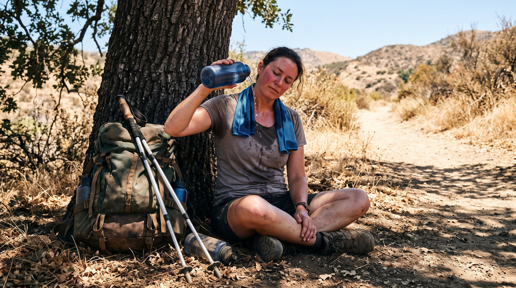 An exhausted hiker resting in trail-side shade with a wet cooling towel on the neck