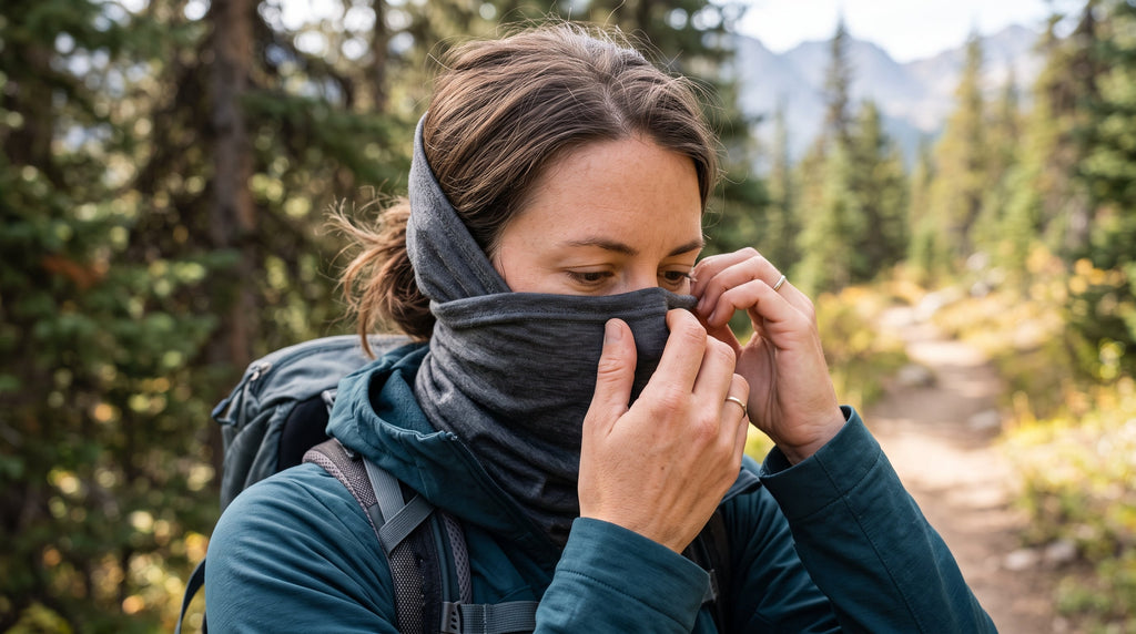 A person adjusting a neck gaiter snugly over the nose and ears for a secure fit