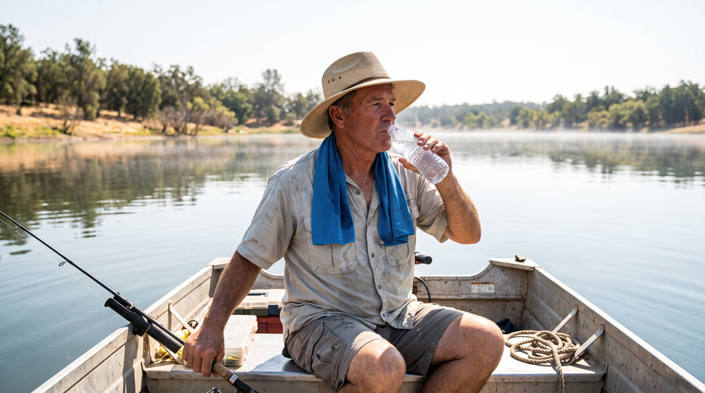 An angler on a boat in harsh summer sun with a damp cooling towel around the neck