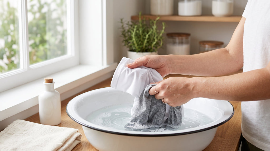 Hands gently hand-washing sun-protective sleeves in a basin of soapy water