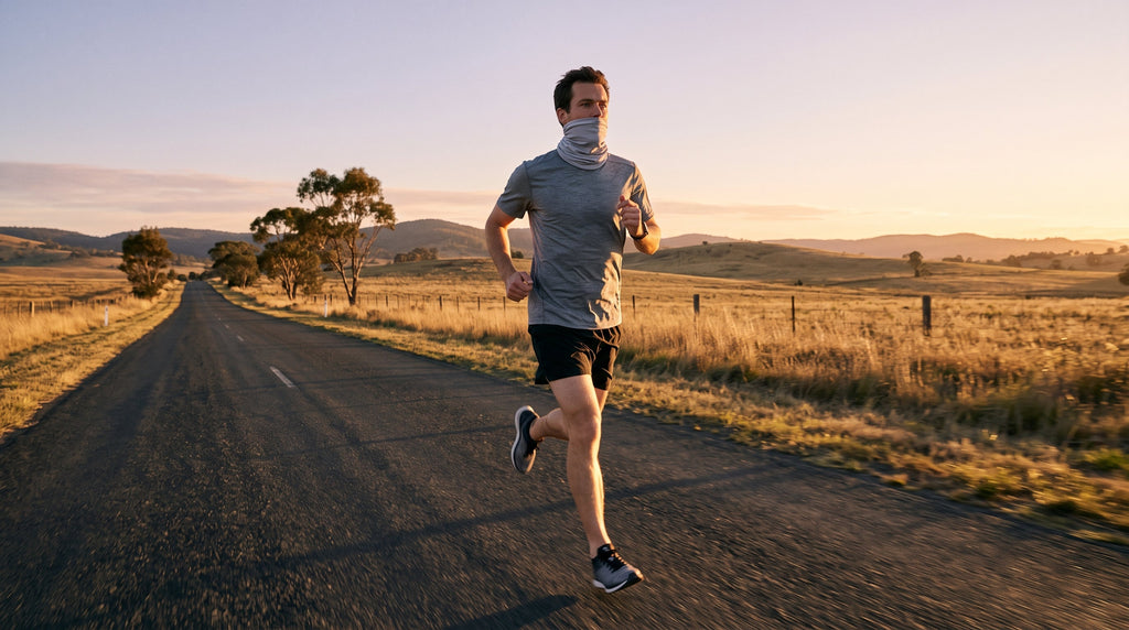 A runner on an empty morning road wearing a light breathable neck gaiter