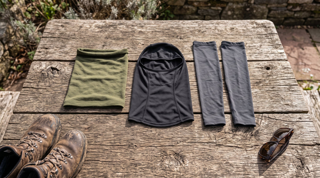 A neck gaiter, balaclava and arm sleeves laid side by side on a wooden outdoor table