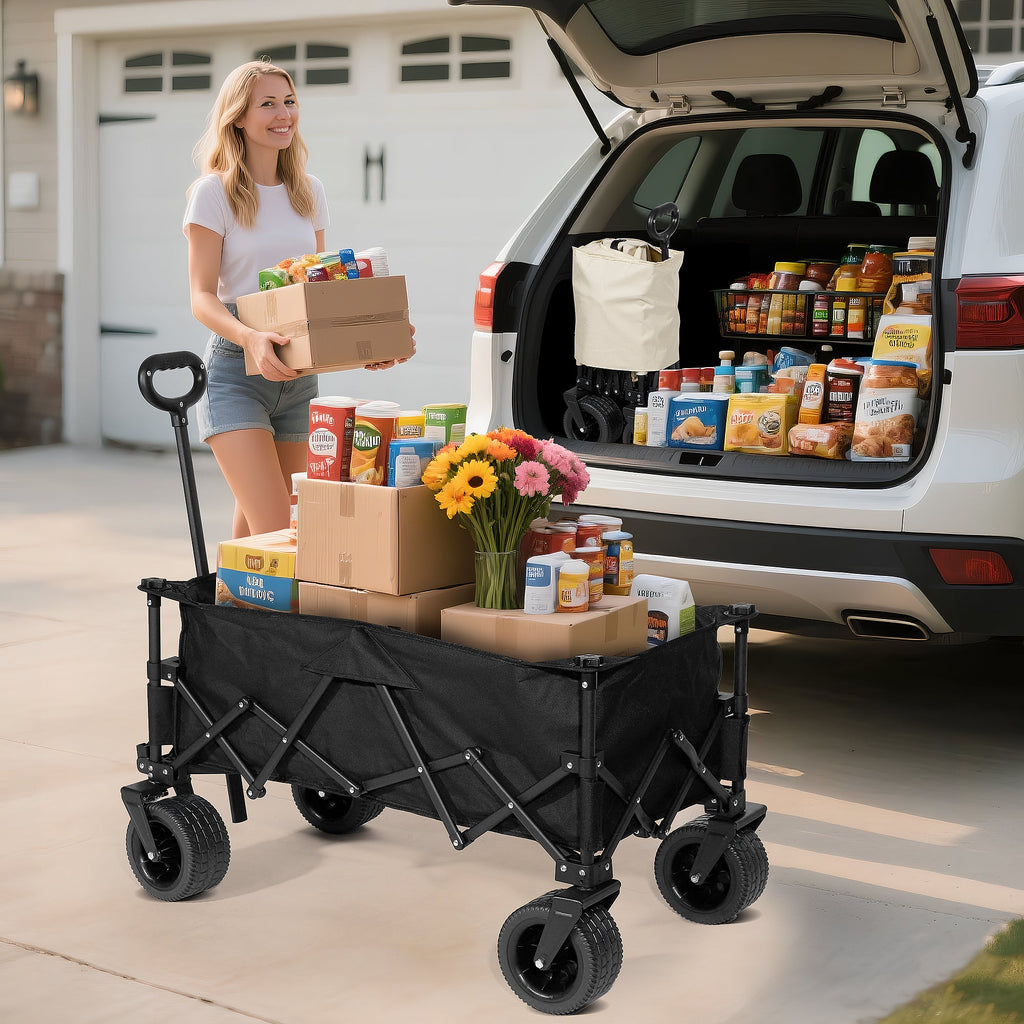 Loading a Finvizo collapsible wagon cart with heavy gear at an SUV trunk