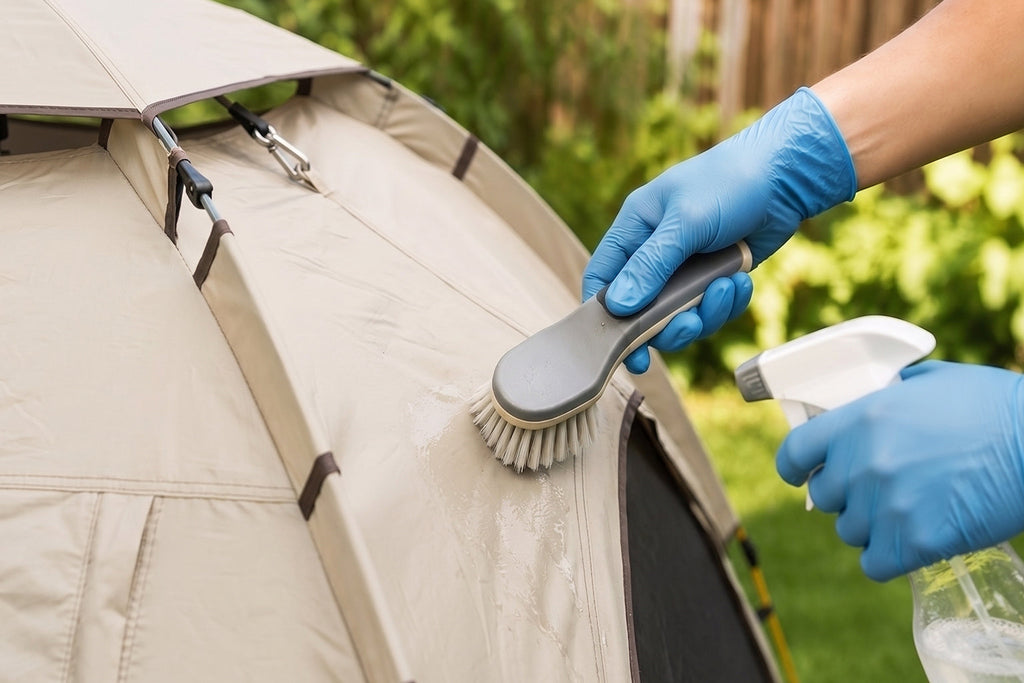 Finvizo tent fabric cleaning with brush and spray - remove mildew smell tent fabric