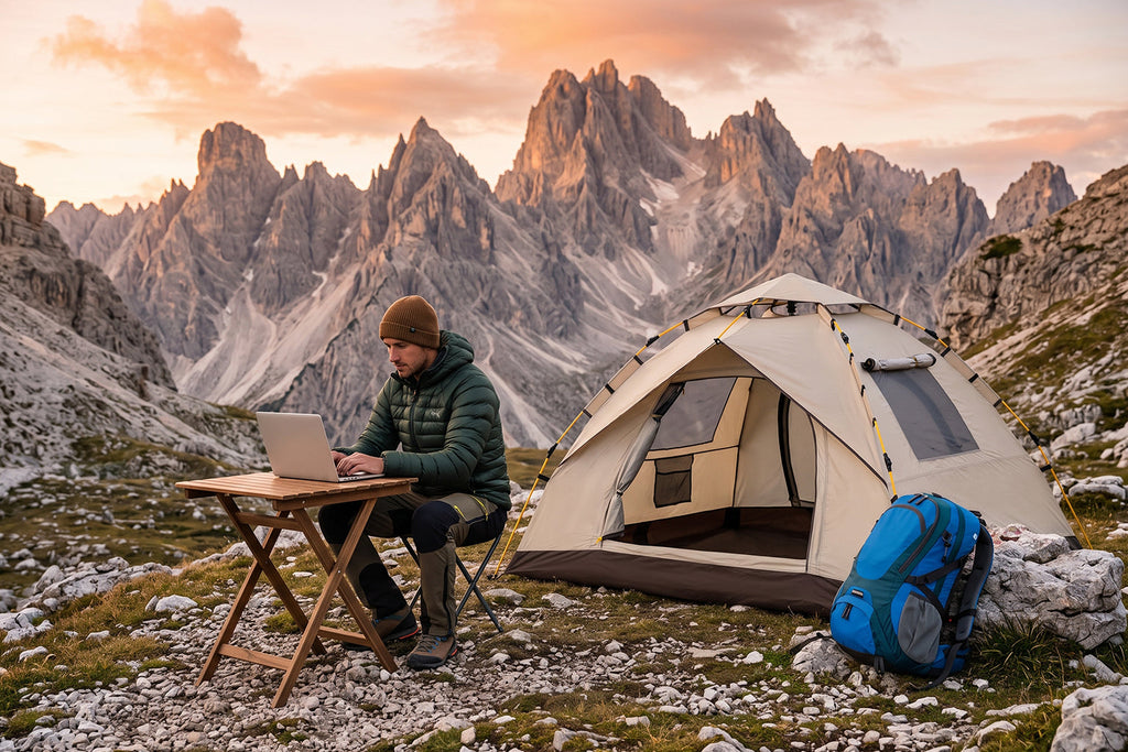 Finvizo 45L backpack and instant tent for wilderness workspace - digital nomad outdoor work wil