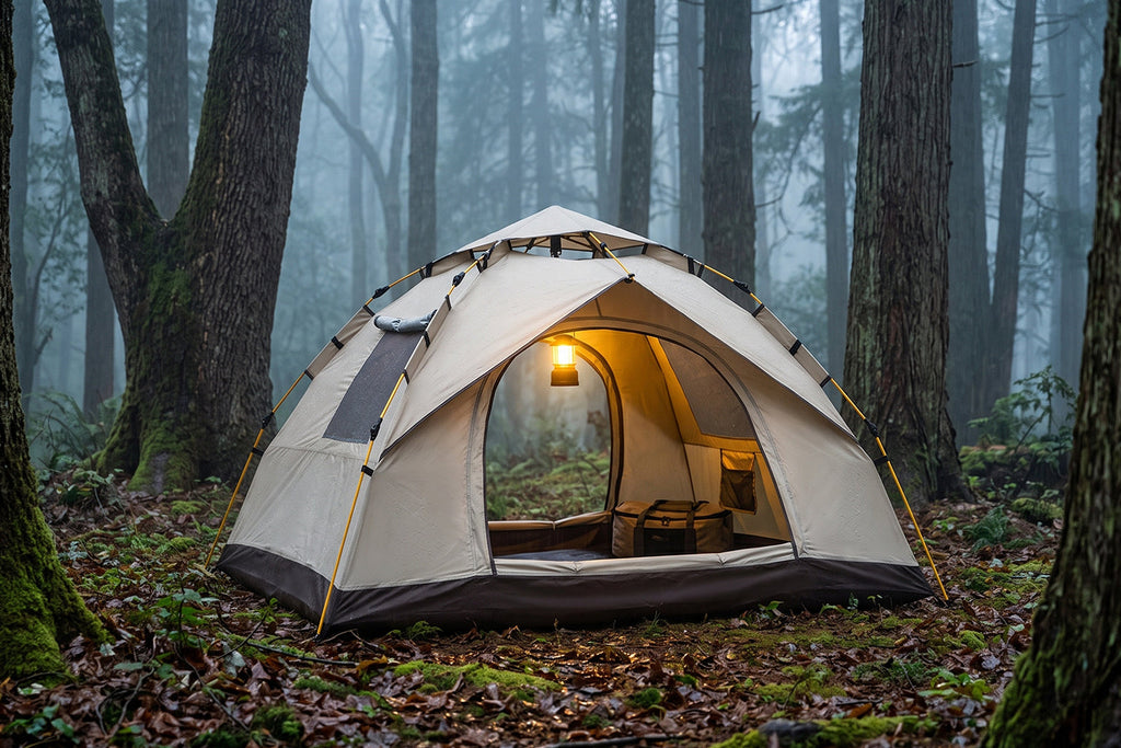 Finvizo waterproof tent in spring rain forest campsite - camping spring rain gear dry