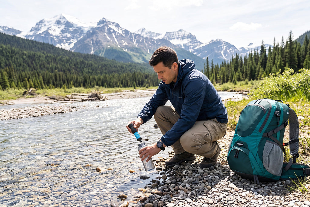 Finvizo backpacking tent at a mountain stream campsite - purify water wilderness method