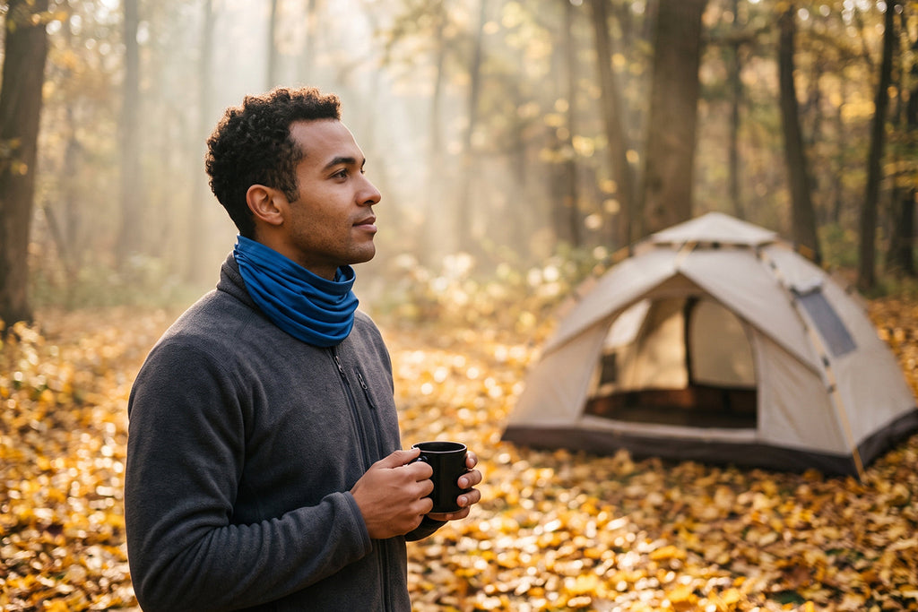 Finvizo neck gaiter for fall campsite mornings - camping clothes