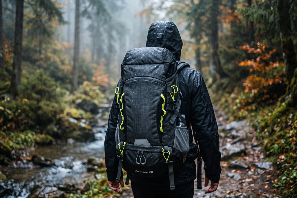 Finvizo 50L Camping Backpack on a rainy forest trail - best waterproof backpack