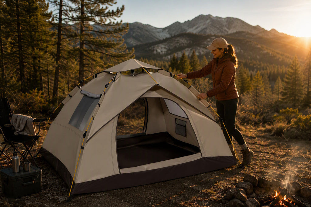 Finvizo instant pop up camping tent pitched at a forest campsite - how to set up a tent