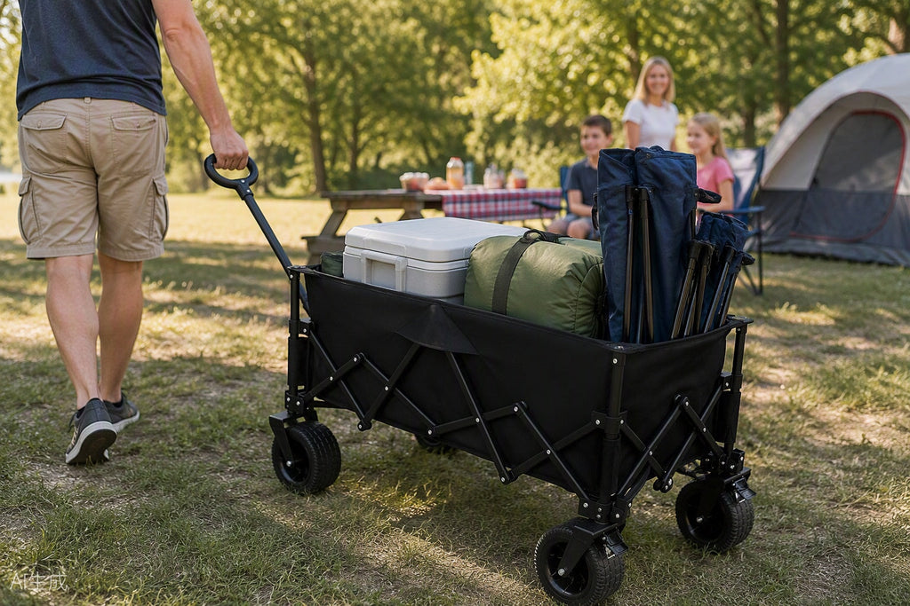 Finvizo black folding wagon hauling camping gear at a campsite - ozark trail wagon