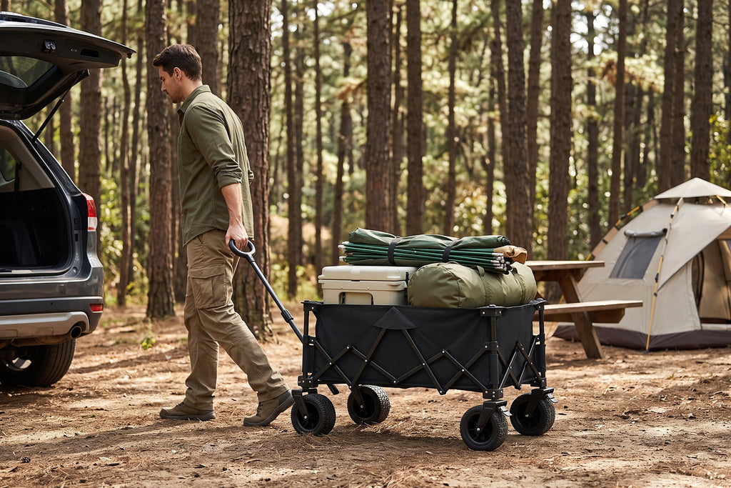 `Finvizo loaded collapsible wagon pulled from an SUV at a forest campsite - utility wagon`