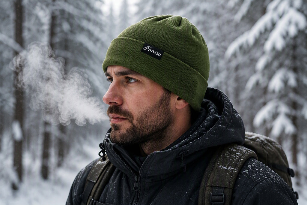 `Finvizo cuffed knit beanie worn in a snowy forest - wool beanie`