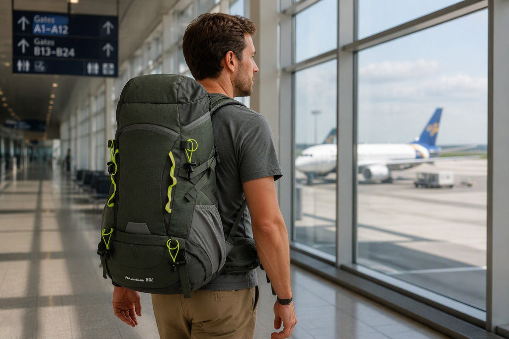 `Finvizo 50L backpack worn by traveler in airport terminal - backpack men's travel`