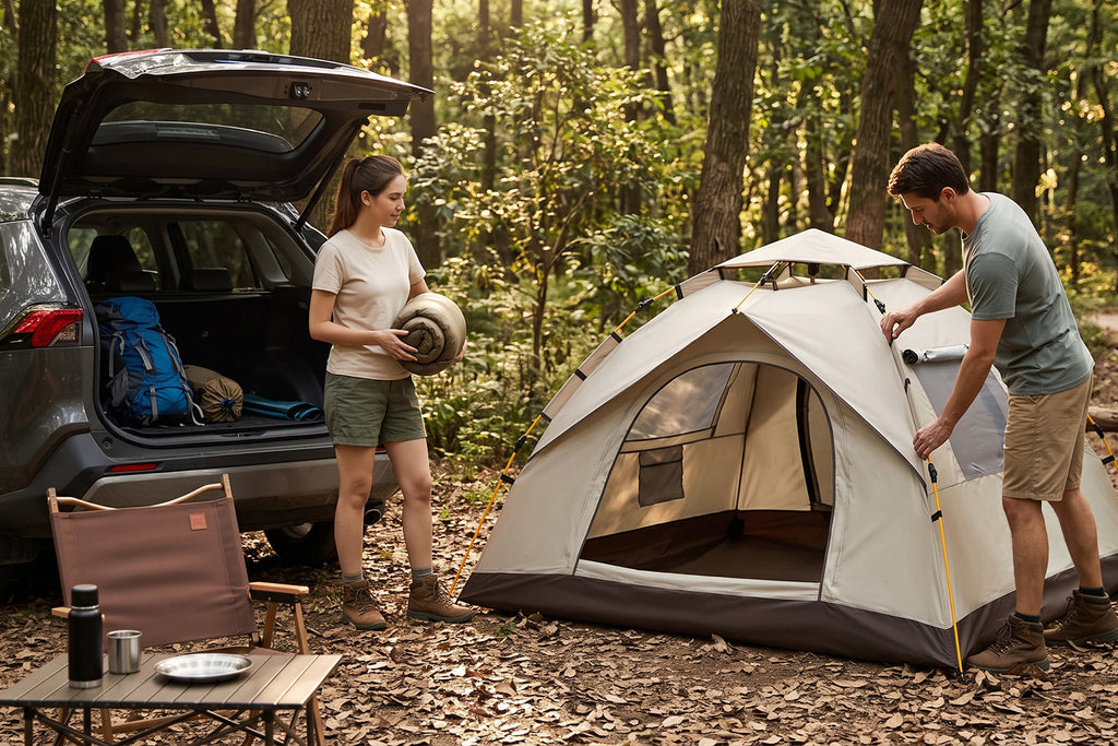 `Finvizo instant pop up tent pitched at a sunny forest campsite with a couple - 2 person pop up tent`