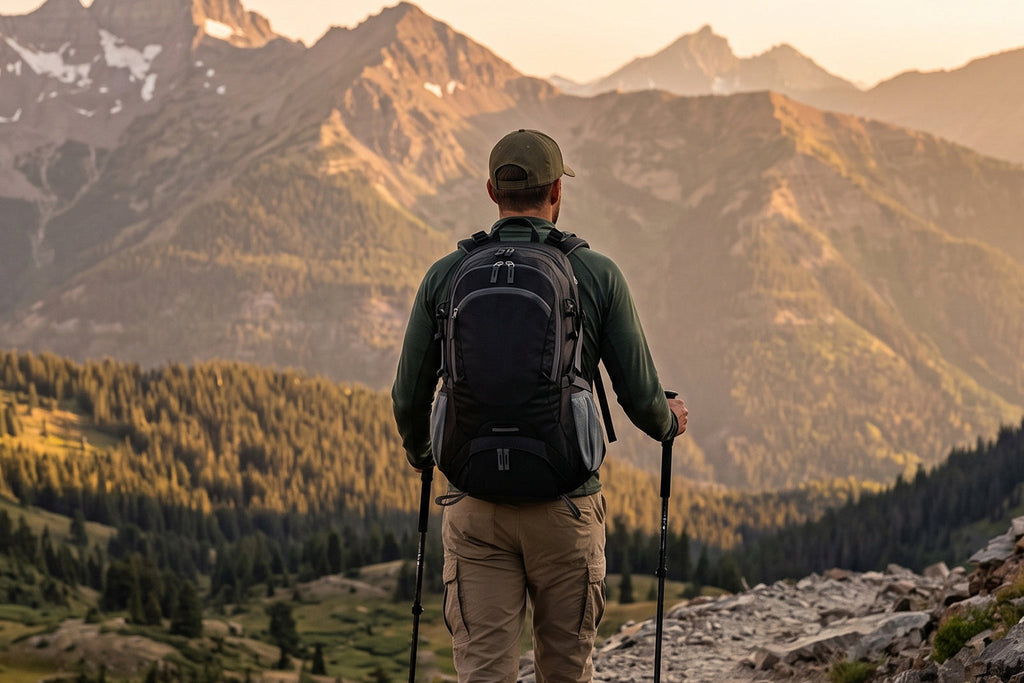 Hiker wearing a black 45L backpack with trekking poles on a rocky mountain trail at golden hour