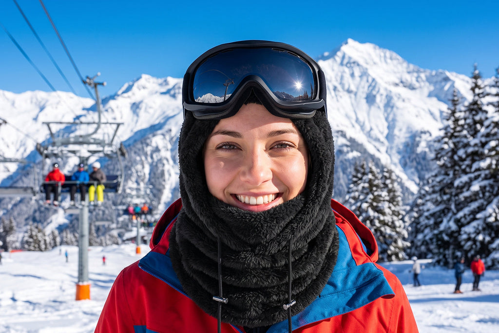Finvizo Winter Balaclava Ski Mask in black fleece worn by a skier on snowy slopes - camo ski mask