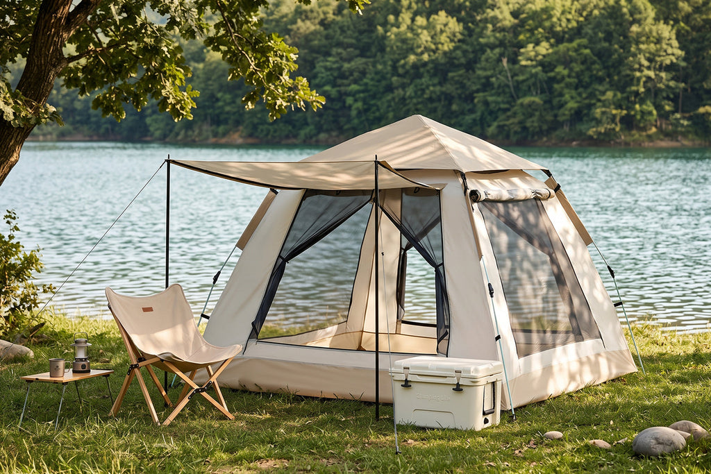 Finvizo instant cabin tent with porch awning at a lakeside campsite - pop up tent with sides