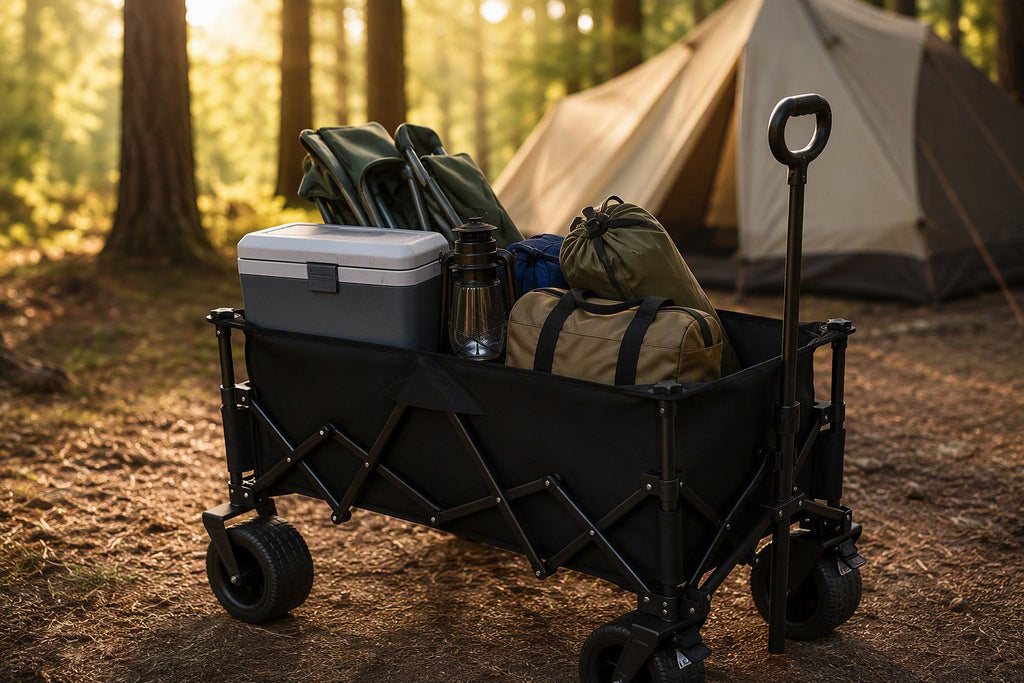 Finvizo collapsible wagon cart loaded with camping gear at a forest campsite - camping gadgets