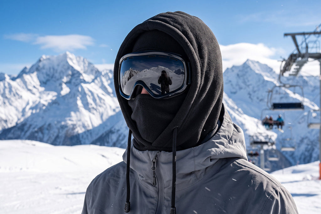 Skier wearing a black Finvizo polar fleece balaclava on a snowy slope - fleece ski mask