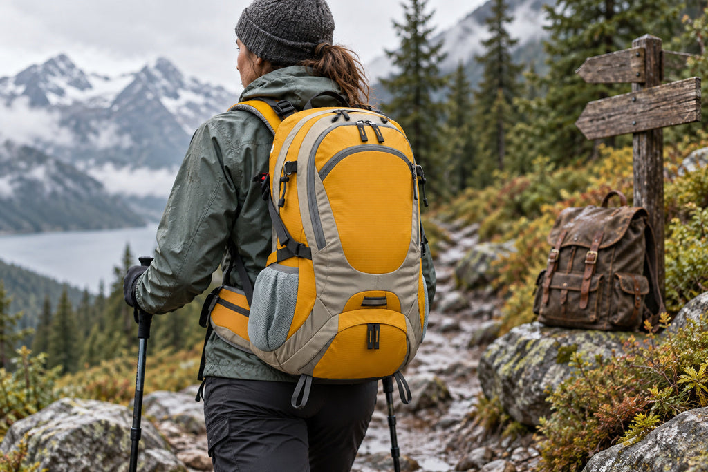 Finvizo technical hiking pack beside a canvas rucksack - canvas backpacks