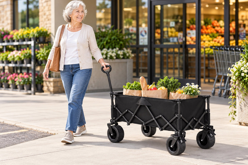 Senior woman pulling a Finvizo folding wagon cart loaded with groceries outside a store