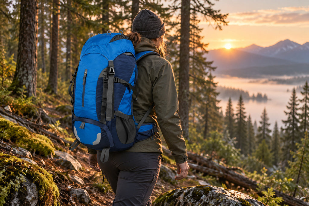 Finvizo 55L hunting backpack on a forest trail at dawn - hunting backpack