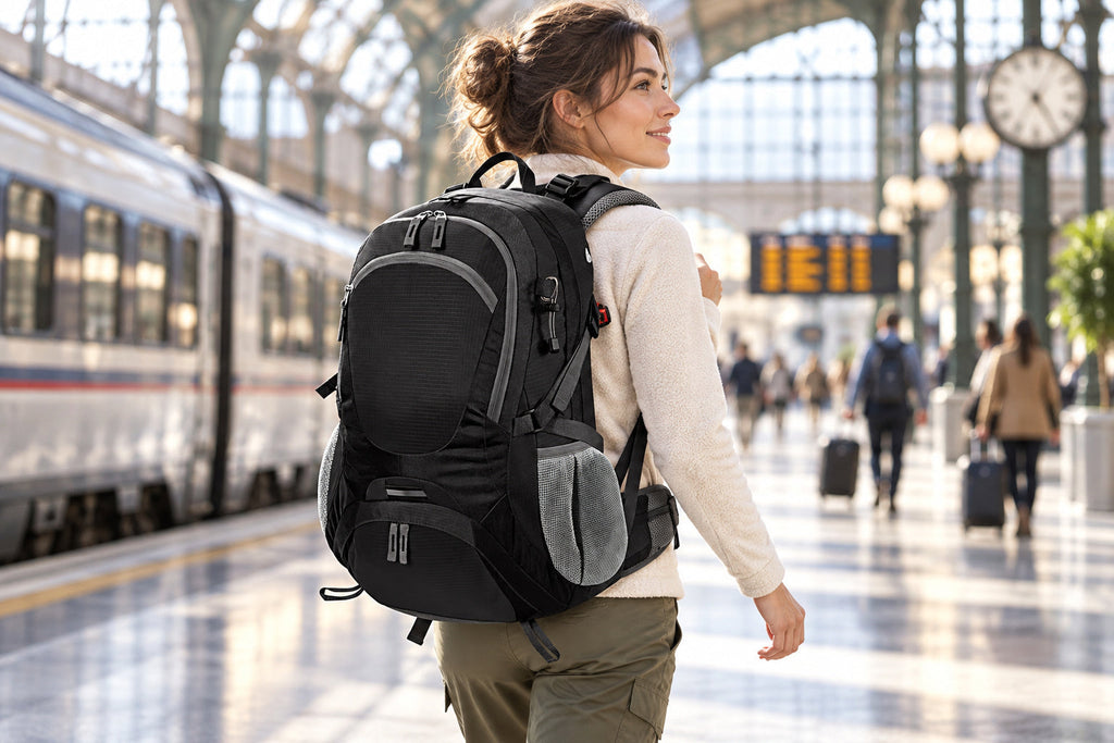 Finvizo airflow backpack for a woman traveling by train - travel backpack for women