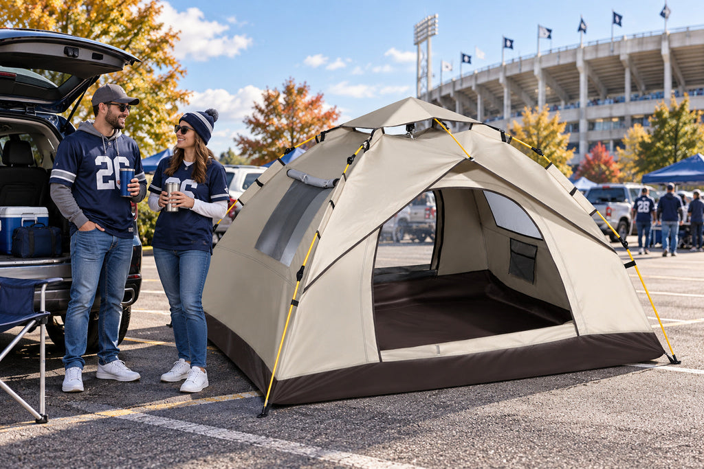 Finvizo instant dome shelter beside a stadium parking setup - tailgate tent