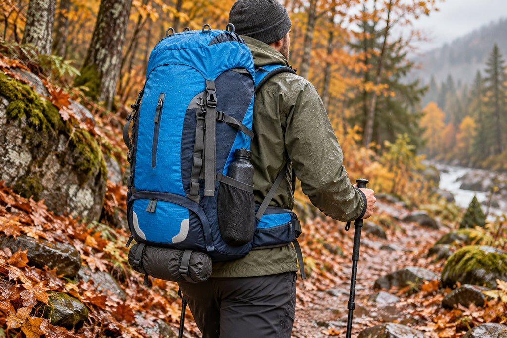 Finvizo 55L backpack on a wet autumn trail - waterproof hiking backpack