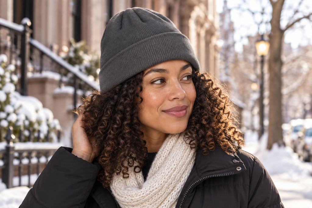 Finvizo satin lined beanie guide showing a winter hat on curly hair