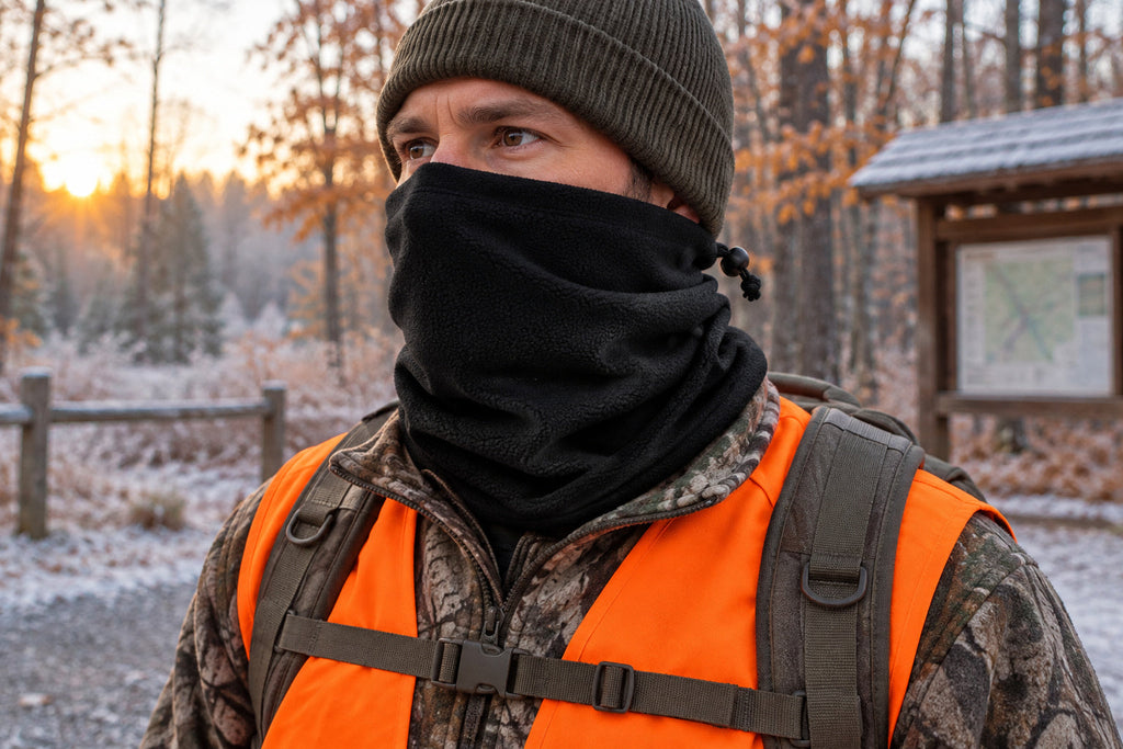 Finvizo hunting gaiters guide showing a black fleece neck warmer with blaze-orange hunting visibility gear