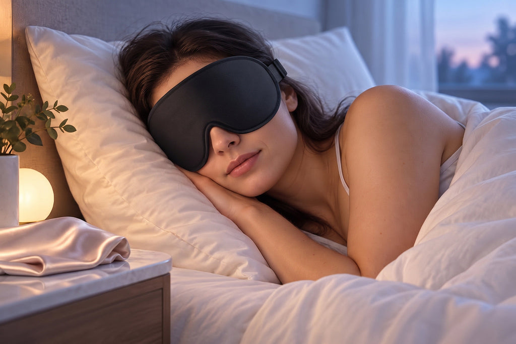 Finvizo silk sleep mask guide showing a sleeper in the black 3D contoured alternative beside silk fabric