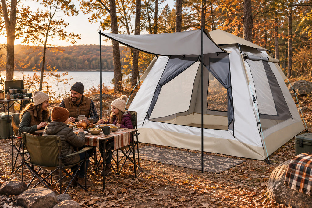 Finvizo thanksgiving camping family feast beside an instant cabin tent