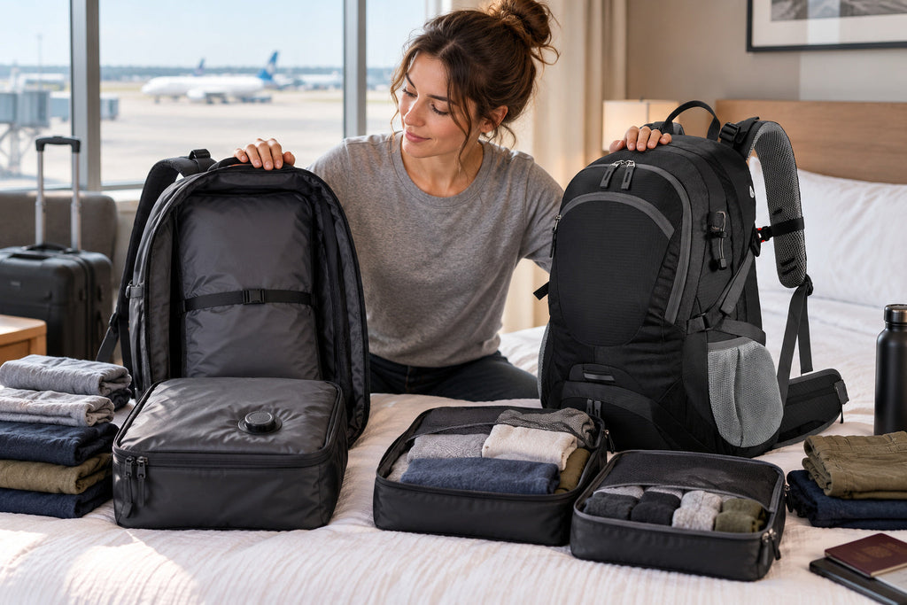 Finvizo hiking pack beside compressed travel clothing - vacuum backpack