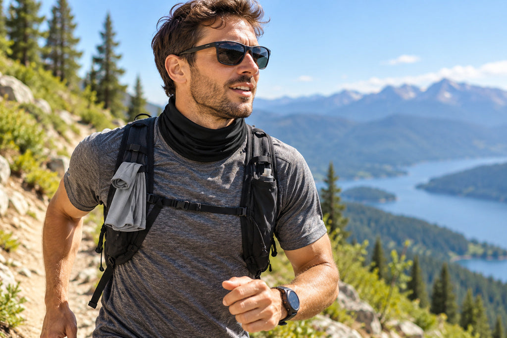 Finvizo cooling tube in a sunny outdoor setting - neck gaiter vs neck warmer