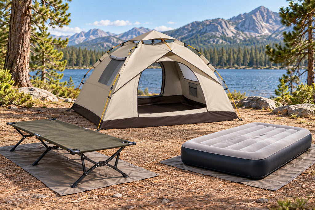 Finvizo instant tent sleep planning scene - camping cot vs air mattress
