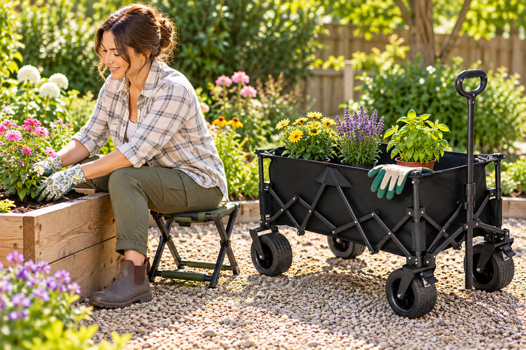 Finvizo cargo wagon for supplies beside a separate stool - garden cart with seat