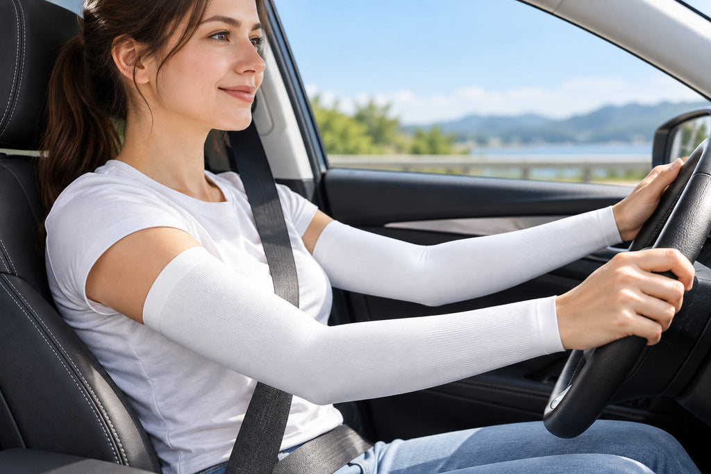 Finvizo white arm sleeve worn while driving in daylight