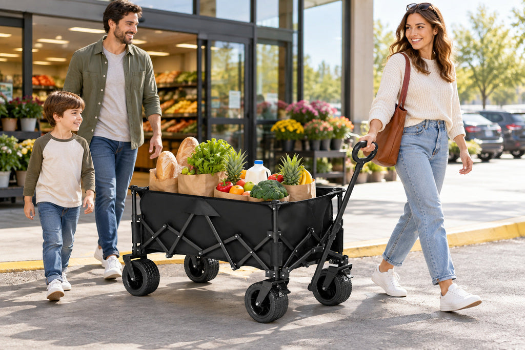 Finvizo grocery shopping wagon leaving a supermarket with family groceries