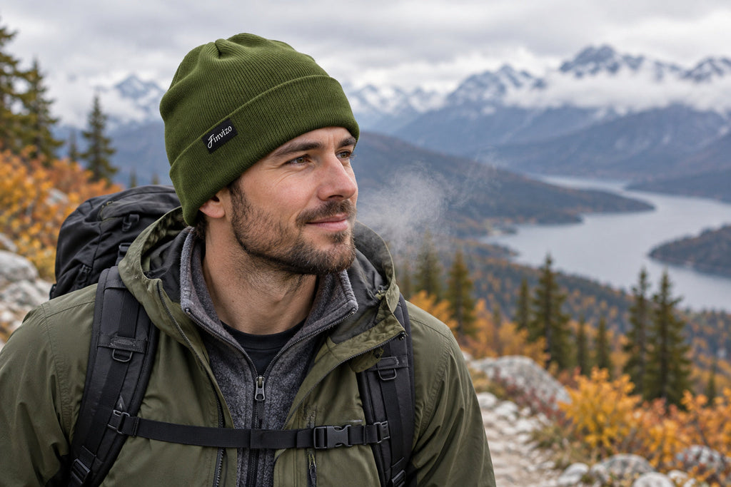 Finvizo cuffed knit hat for an autumn mountain trail - hiking beanie
