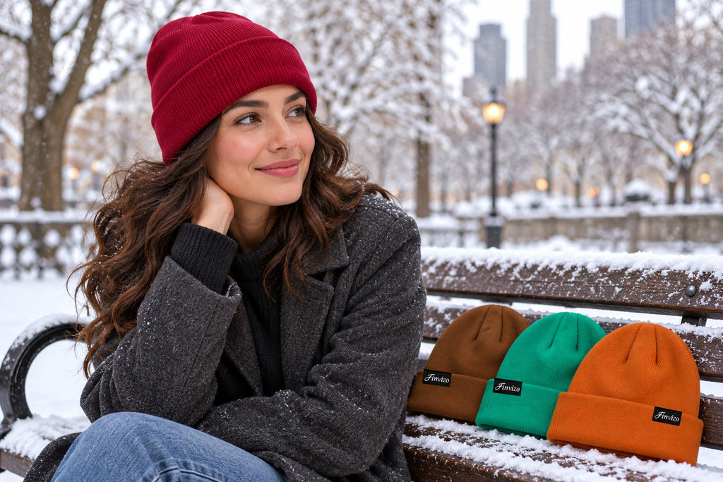 Finvizo knit hat for a snowy city park - red beanie