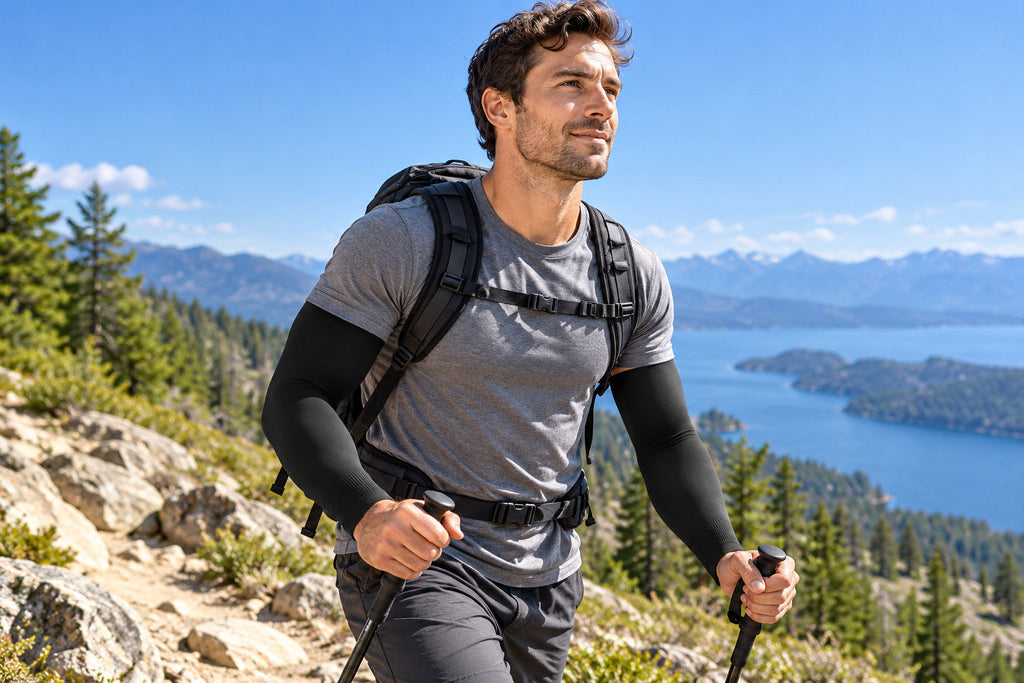 Finvizo UV sleeves for a sunny mountain hike - arm sleeves for guys
