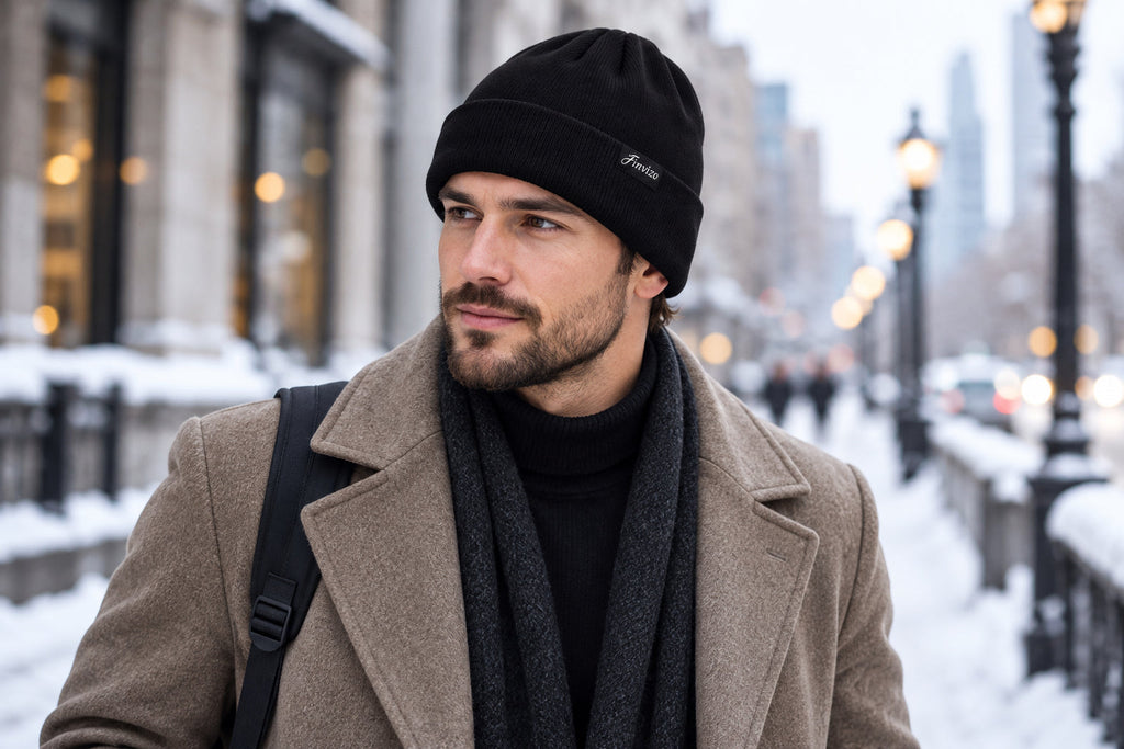 Finvizo black cuffed beanie for a city walk - mens black beanie