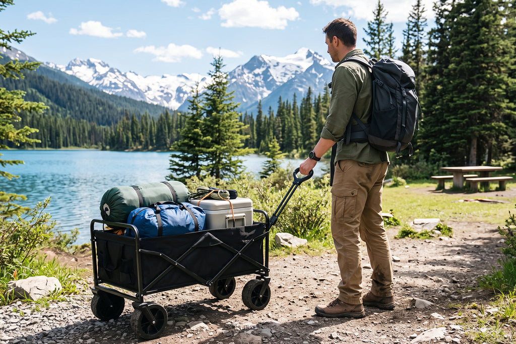 Finvizo big wheels folding cart on a campground trail - hiking wagon