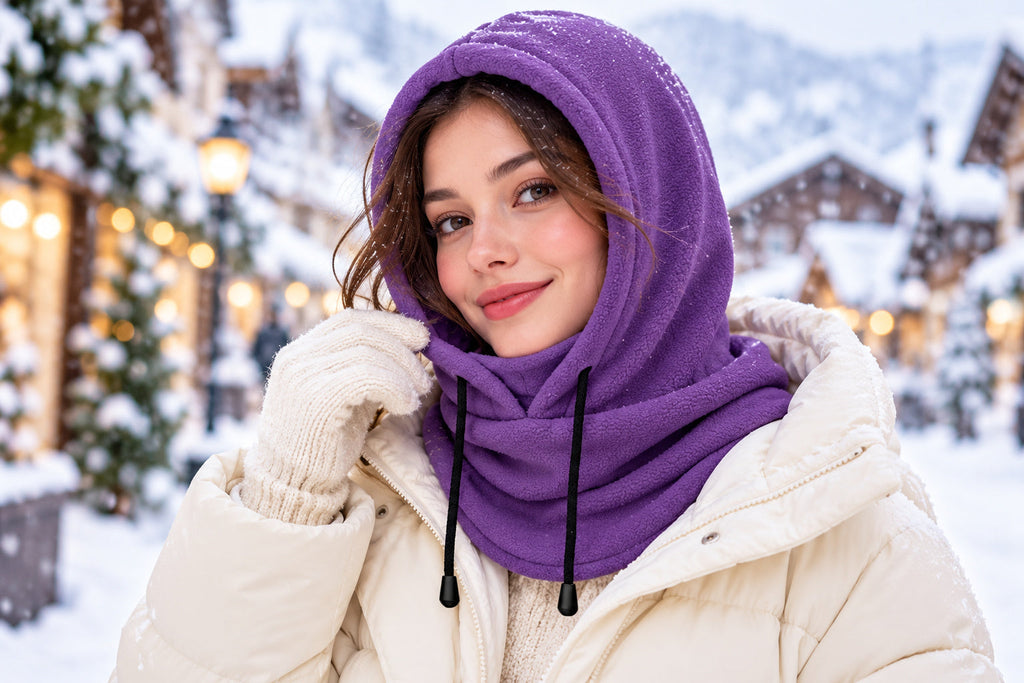 Finvizo purple fleece hood for snowy town style - cute balaclava
