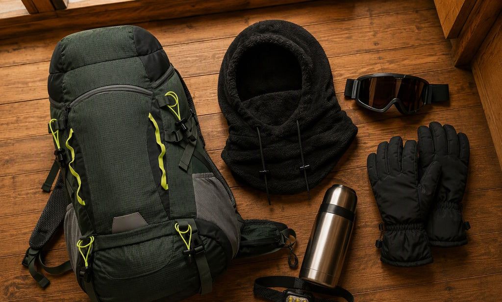 Ski trip flat-lay: Finvizo backpack, fleece balaclava, goggles and gloves on a cabin floor