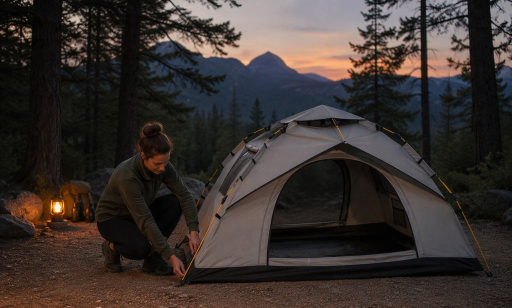 Woman solo camper securing her Finvizo tent at dusk with warm lantern light