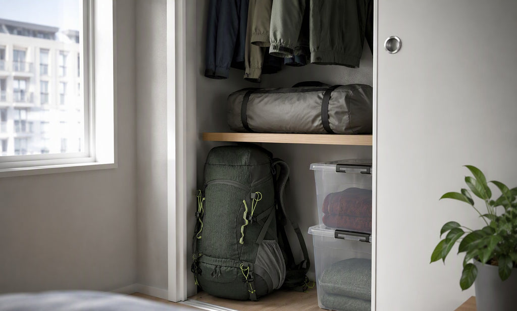 Finvizo backpack and packed tent stored neatly in a small apartment closet